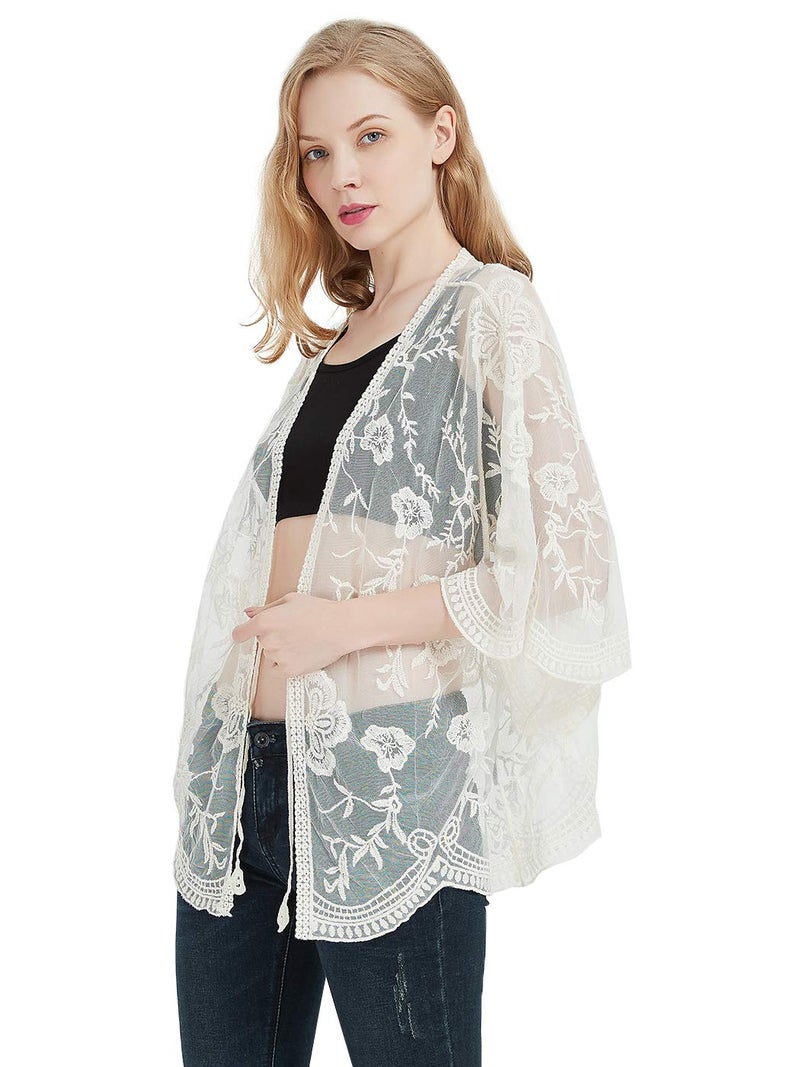 Anna-Kaci Womens Long Embroidered Lace Kimono Cardigan with Half Sleeves, Beige, One Size - Image 3